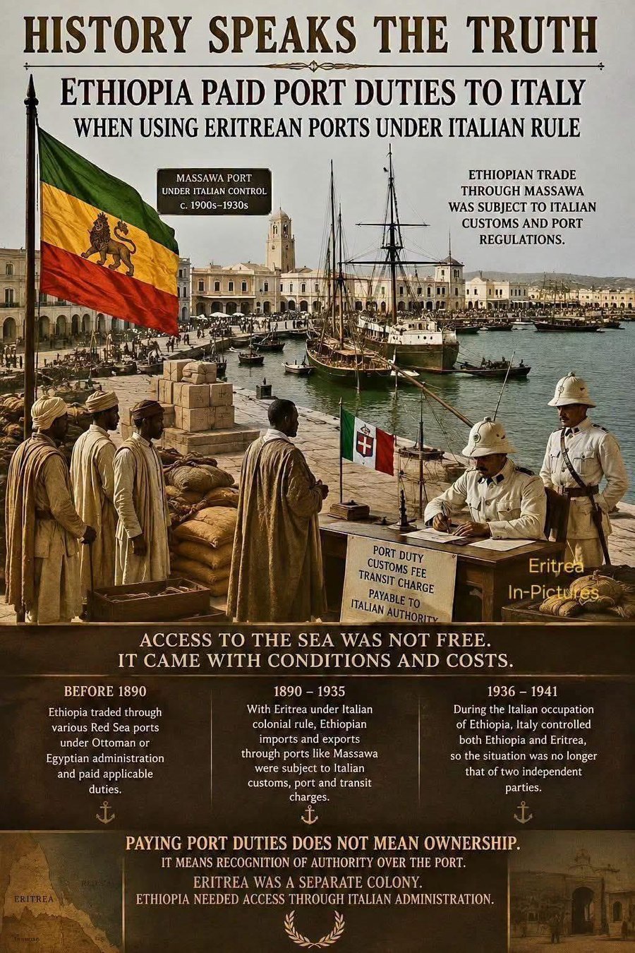 Illustrated poster titled 'History Speaks the Truth: Ethiopia paid port duties to Italy when using Eritrean ports under Italian rule', showing a scene at Massawa port
