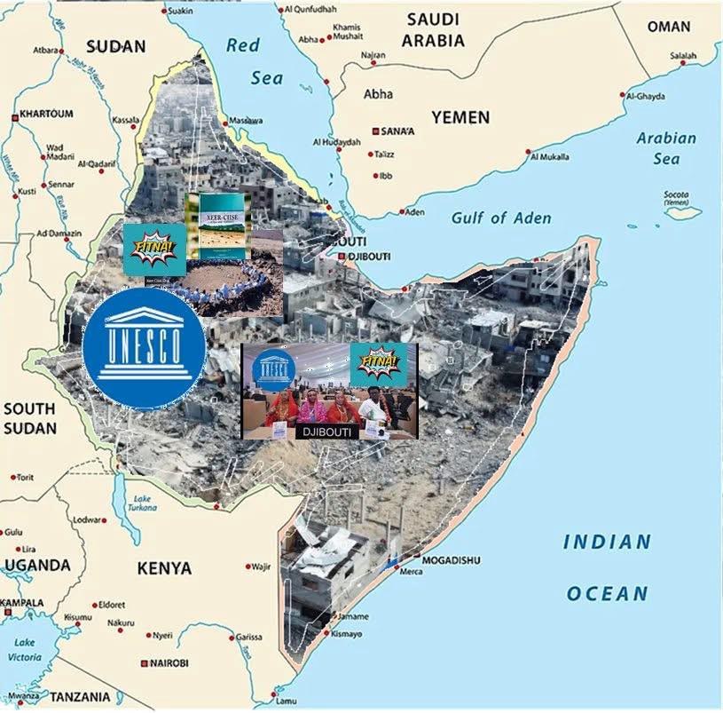 Map of the Horn of Africa overlaid with photographs of damaged buildings, a UNESCO logo and other images